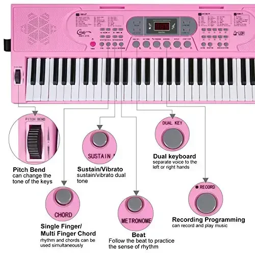 Hricane Keyboard Piano Boshlang'ich Kattalar O'smirlar Bolalar uchun Yoritilgan Tugmalar, 61 Tugmali Elektron Musiqa Klaviatura USB yoki Batareya bilan Quvvatlangan LCD Displey Mikrofon Quloqchin Ulagichi bilan O'qitish Rejimlari - 4