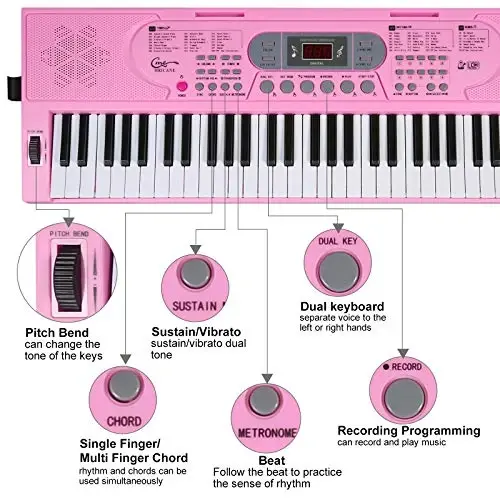 Hricane Keyboard Piano Boshlang'ich Kattalar O'smirlar Bolalar uchun Yoritilgan Tugmalar, 61 Tugmali Elektron Musiqa Klaviatura USB yoki Batareya bilan Quvvatlangan LCD Displey Mikrofon Quloqchin Ulagichi bilan O'qitish Rejimlari - 4