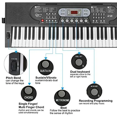 Hricane Keyboard Piano Boshlovchi Kattalar O'smirlar Bolalar uchun yoritilgan klavishlar, 61 Klavişli Elektron Musiqa Klaviatura USB yoki Batareya bilan LCD Displey Mikrofon Eshitish Ulagichi bilan ta'minlangan O'qitish Rejimlar - 4