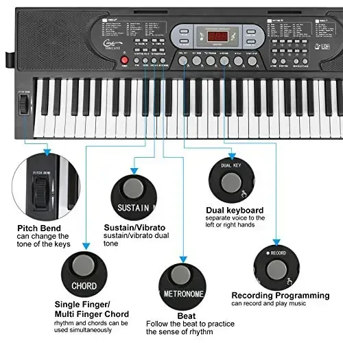 Hricane Keyboard Piano Lighted Keys for Beginner Adults Teens Kids, 61 Key Electronic Music Keyboard with Teaching Modes Powered by USB or Battery with LCD Display Microphone Headphone Jack - 4