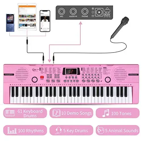 Hricane Piano Keyboard, 61 Keys Beginner Electronic Keyboard Portable Digital Music Keyboard, Early Education Music Instrument with Microphone & Music Sheet Stand - 3