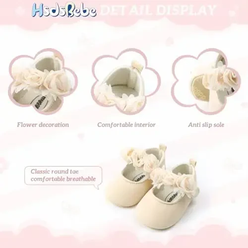 HsdsBebe 2pcs/Set Newborn Baby Girl Princess Mary Jane Shoes Toddler Infant Wedding Dress Flat Shoes with Free Headband - 5