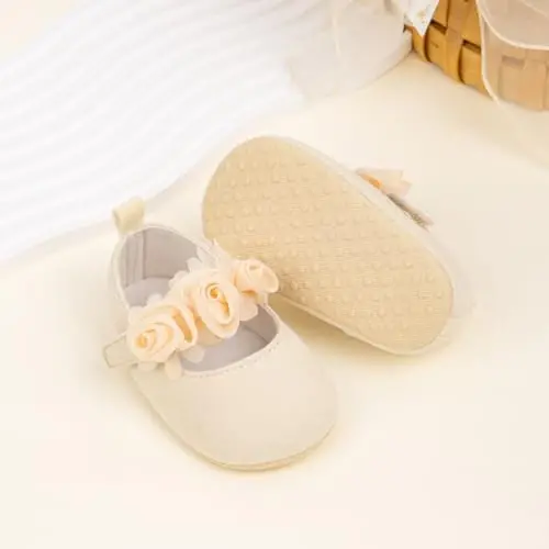 HsdsBebe 2pcs/Set Newborn Baby Girl Princess Mary Jane Shoes Toddler Infant Wedding Dress Flat Shoes with Free Headband - 3
