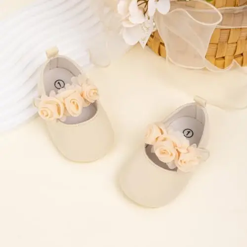 HsdsBebe 2pcs/Set Newborn Baby Girl Princess Mary Jane Shoes Toddler Infant Wedding Dress Flat Shoes with Free Headband - 4