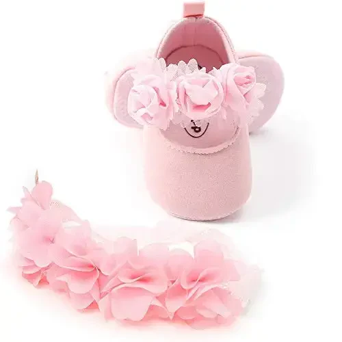 HsdsBebe 2pcs/Set Newborn Baby Girl Princess Mary Jane Shoes Toddler Infant Wedding Dress Flat Shoes with Free Headband - 2