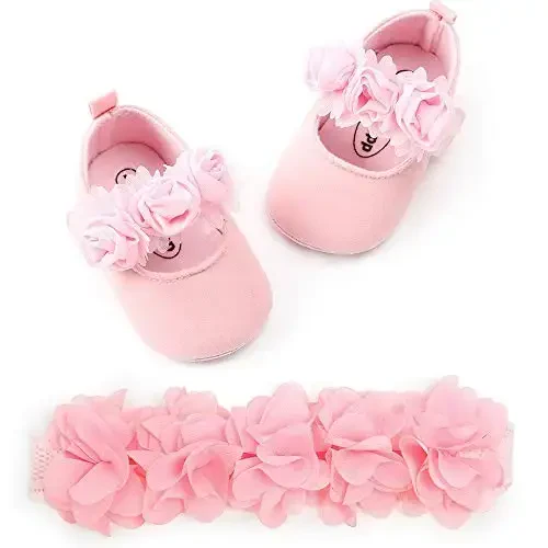 HsdsBebe 2pcs/Set Newborn Baby Girl Princess Mary Jane Shoes Toddler Infant Wedding Dress Flat Shoes with Free Headband - 3