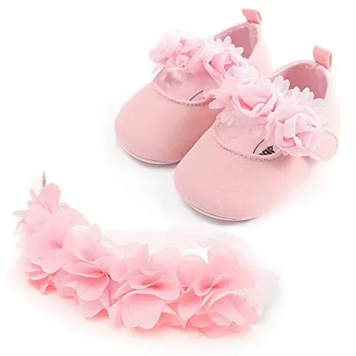 HsdsBebe 2pcs/Set Newborn Baby Girl Princess Mary Jane Shoes Toddler Infant Wedding Dress Flat Shoes with Free Headband - 1