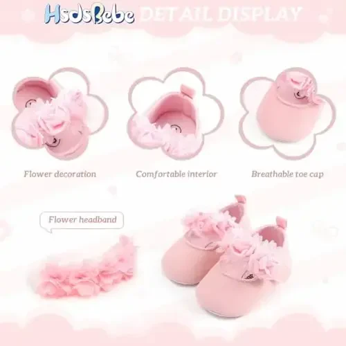 HsdsBebe 2pcs/Set Newborn Baby Girl Princess Mary Jane Shoes Toddler Infant Wedding Dress Flat Shoes with Free Headband - 4