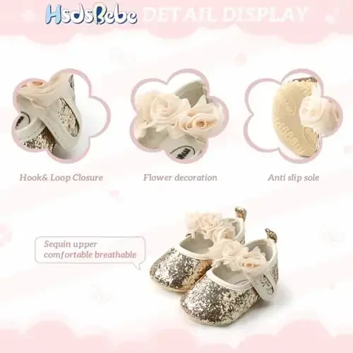 HsdsBebe 2pcs/Set Newborn Baby Girl Princess Mary Jane Shoes Toddler Infant Wedding Dress Flat Shoes with Free Headband - 5