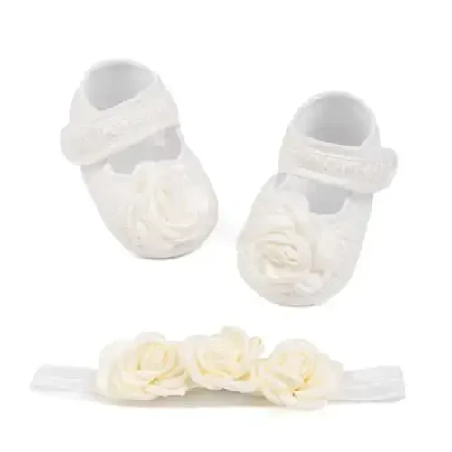 HsdsBebe 2pcs/Set Newborn Baby Girl Princess Mary Jane Shoes Toddler Infant Wedding Dress Flat Shoes with Free Headband - HSDSBEBE