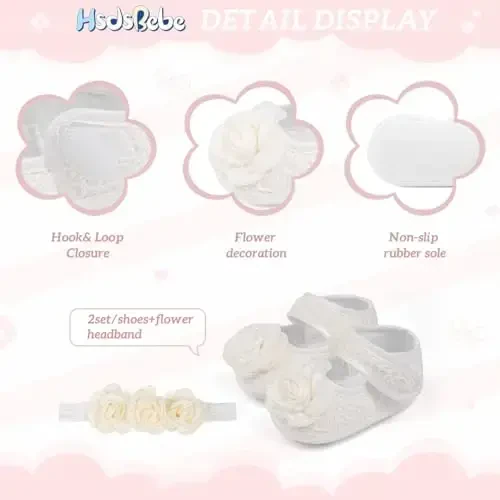 HsdsBebe 2pcs/Set Newborn Baby Girl Princess Mary Jane Shoes Toddler Infant Wedding Dress Flat Shoes with Free Headband - 6