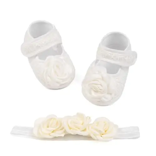 HsdsBebe 2pcs/Set Newborn Baby Girl Princess Mary Jane Shoes Toddler Infant Wedding Dress Flat Shoes with Free Headband - 1