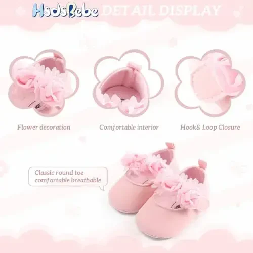 HsdsBebe 2pcs/Set Newborn Baby Girl Princess Mary Jane Shoes Toddler Infant Wedding Dress Flat Shoes with Free Headband - 5