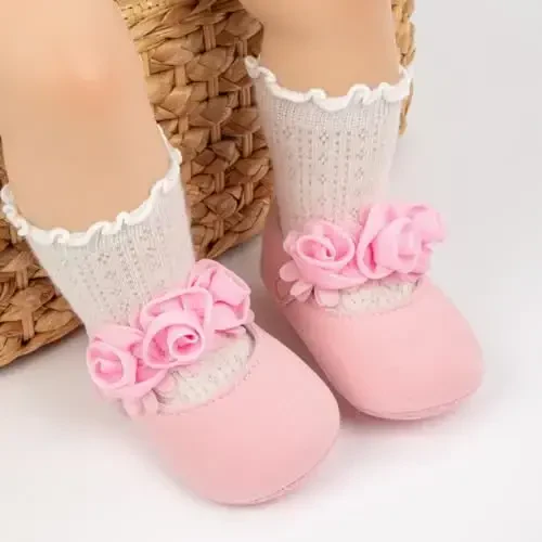 HsdsBebe 2pcs/Set Newborn Baby Girl Princess Mary Jane Shoes Toddler Infant Wedding Dress Flat Shoes with Free Headband - 2