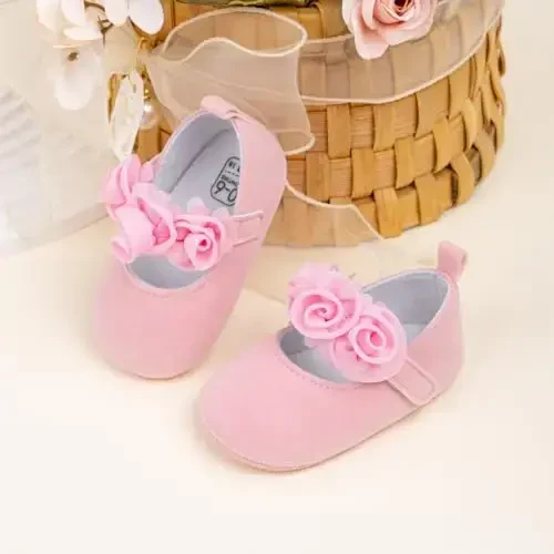 HsdsBebe 2pcs/Set Newborn Baby Girl Princess Mary Jane Shoes Toddler Infant Wedding Dress Flat Shoes with Free Headband - 4