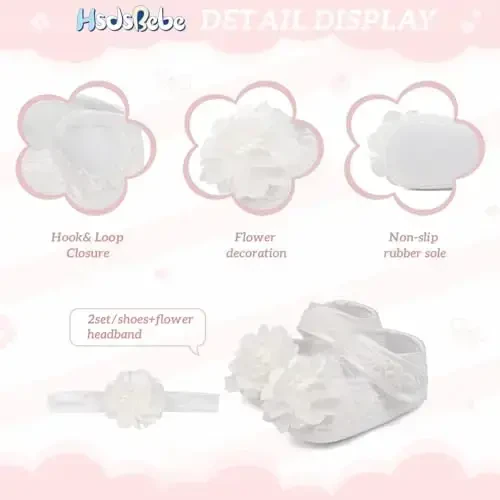 HsdsBebe 2pcs/Set Newborn Baby Girl Princess Mary Jane Shoes Toddler Infant Wedding Dress Flat Shoes with Free Headband - 6