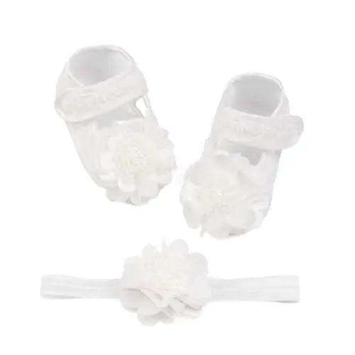 HsdsBebe 2pcs/Set Newborn Baby Girl Princess Mary Jane Shoes Toddler Infant Wedding Dress Flat Shoes with Free Headband - 1