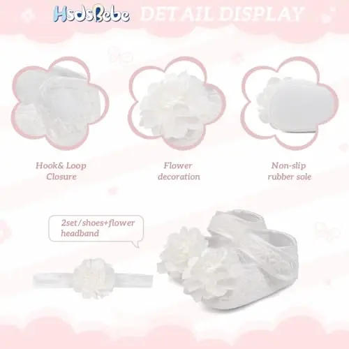 HsdsBebe 2pcs/Set Newborn Baby Girl Princess Mary Jane Shoes Toddler Infant Wedding Dress Flat Shoes with Free Headband - 6
