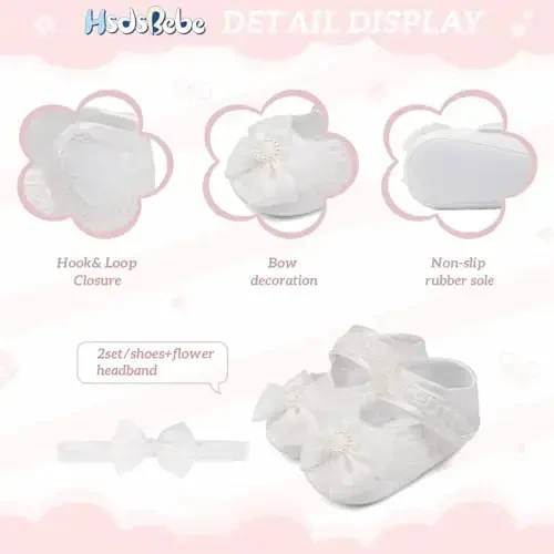 HsdsBebe 2pcs/Set Newborn Baby Girl Princess Mary Jane Shoes Toddler Infant Wedding Dress Flat Shoes with Free Headband - 6