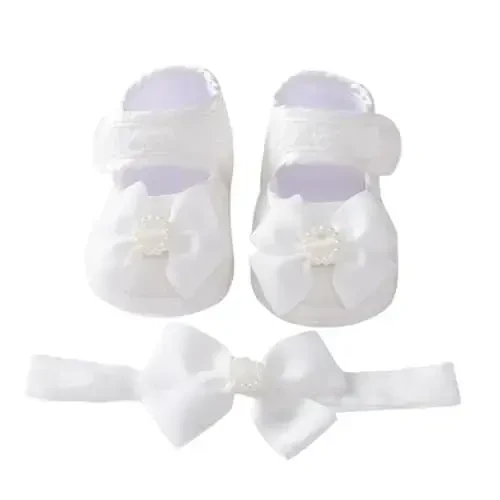 HsdsBebe 2pcs/Set Newborn Baby Girl Princess Mary Jane Shoes Toddler Infant Wedding Dress Flat Shoes with Free Headband - 1