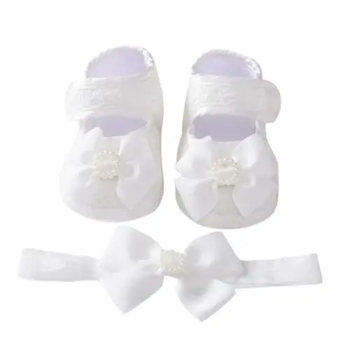 HsdsBebe 2pcs/Set Newborn Baby Girl Princess Mary Jane Shoes Toddler Infant Wedding Dress Flat Shoes with Free Headband 