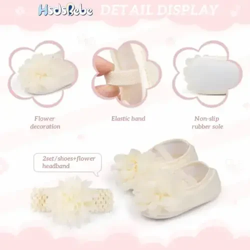 HsdsBebe 2pcs/Set Newborn Baby Girl Princess Mary Jane Shoes Toddler Infant Wedding Dress Flat Shoes with Free Headband - 6