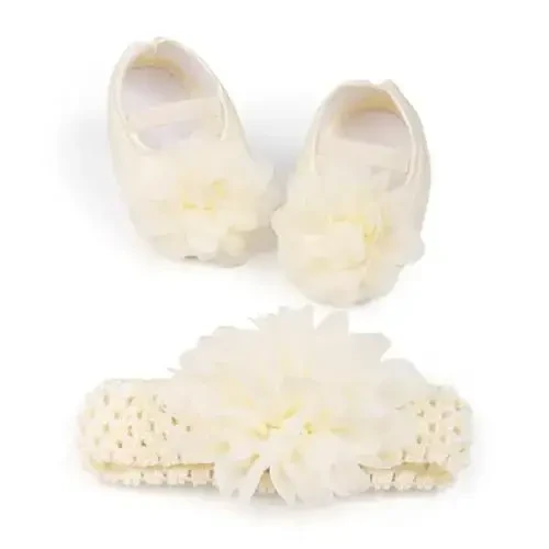HsdsBebe 2pcs/Set Newborn Baby Girl Princess Mary Jane Shoes Toddler Infant Wedding Dress Flat Shoes with Free Headband - 1