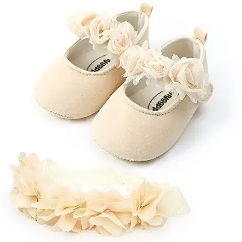 HsdsBebe 2pcs/Set Newborn Baby Girl Princess Mary Jane Shoes Toddler Infant Wedding Dress Flat Shoes with Free Headband - 2