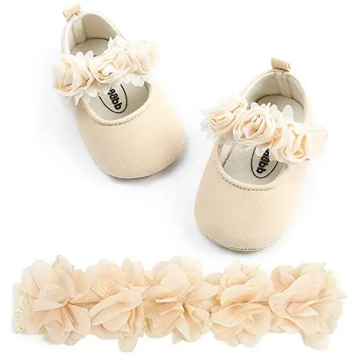 HsdsBebe 2pcs/Set Newborn Baby Girl Princess Mary Jane Shoes Toddler Infant Wedding Dress Flat Shoes with Free Headband - 1