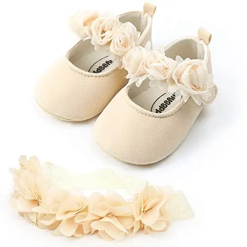 HsdsBebe 2pcs/Set Newborn Baby Girl Princess Mary Jane Shoes Toddler Infant Wedding Dress Flat Shoes with Free Headband - HSDSBEBE (1)