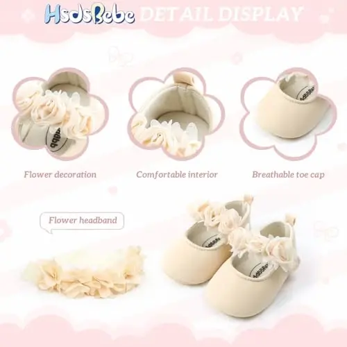 HsdsBebe 2pcs/Set Newborn Baby Girl Princess Mary Jane Shoes Toddler Infant Wedding Dress Flat Shoes with Free Headband - 4