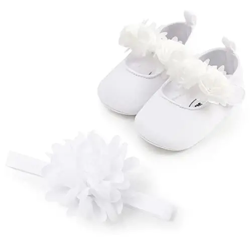 HsdsBebe 2pcs/Set Newborn Baby Girl Princess Mary Jane Shoes Toddler Infant Wedding Dress Flat Shoes with Free Headband - 1