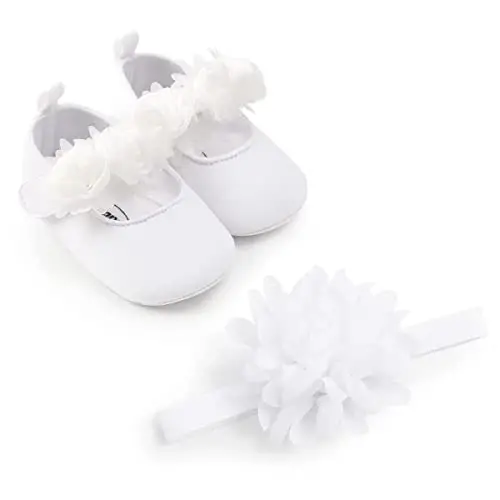 HsdsBebe 2pcs/Set Newborn Baby Girl Princess Mary Jane Shoes Toddler Infant Wedding Dress Flat Shoes with Free Headband - 3