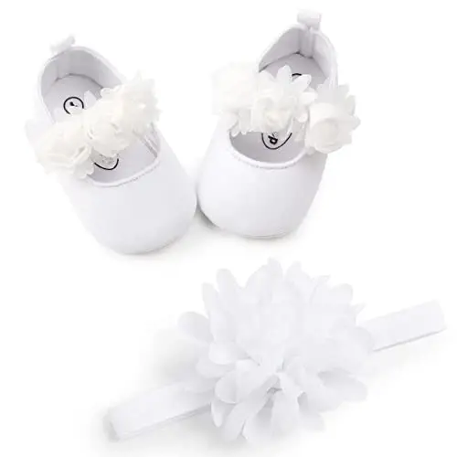 HsdsBebe 2pcs/Set Newborn Baby Girl Princess Mary Jane Shoes Toddler Infant Wedding Dress Flat Shoes with Free Headband - 4