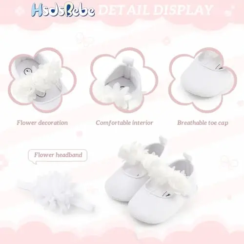 HsdsBebe 2pcs/Set Newborn Baby Girl Princess Mary Jane Shoes Toddler Infant Wedding Dress Flat Shoes with Free Headband - 5