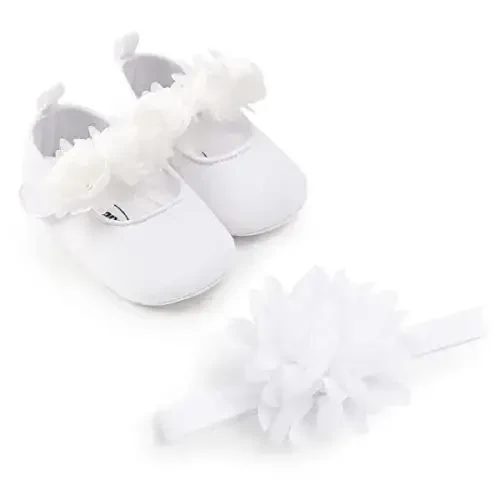 HsdsBebe 2pcs/Set Newborn Baby Girl Princess Mary Jane Shoes Toddler Infant Wedding Dress Flat Shoes with Free Headband - 3