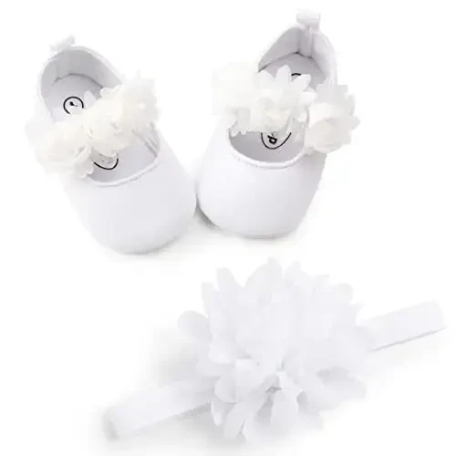 HsdsBebe 2pcs/Set Newborn Baby Girl Princess Mary Jane Shoes Toddler Infant Wedding Dress Flat Shoes with Free Headband - 4