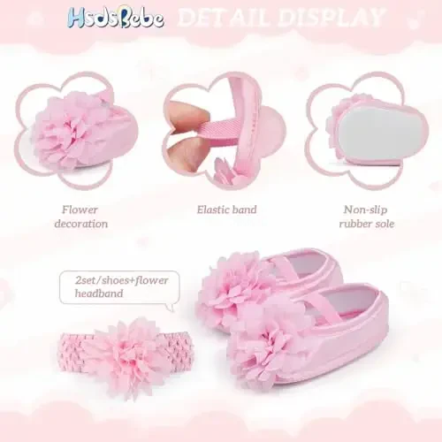 HsdsBebe 2pcs/Set Newborn Baby Girl Princess Mary Jane Shoes Toddler Infant Wedding Dress Flat Shoes with Free Headband - 6
