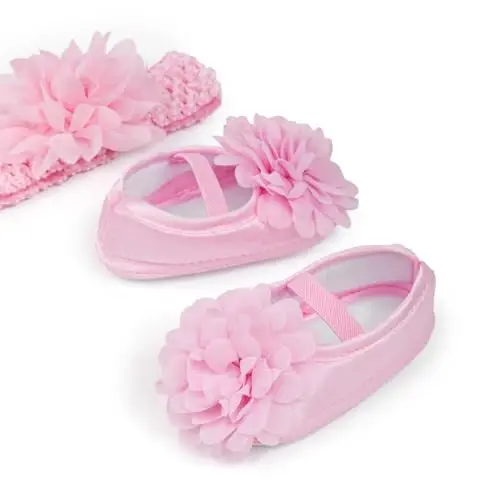 HsdsBebe 2pcs/Set Newborn Baby Girl Princess Mary Jane Shoes Toddler Infant Wedding Dress Flat Shoes with Free Headband - 4