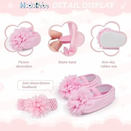 HsdsBebe 2pcs/Set Newborn Baby Girl Princess Mary Jane Shoes Toddler Infant Wedding Dress Flat Shoes with Free Headband - 6