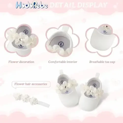 HsdsBebe 2pcs/Set Newborn Baby Girl Princess Mary Jane Shoes Toddler Infant Wedding Dress Flat Shoes with Free Headband - 6