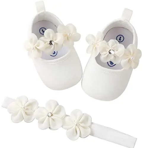 HsdsBebe 2pcs/Set Newborn Baby Girl Princess Mary Jane Shoes Toddler Infant Wedding Dress Flat Shoes with Free Headband - 1