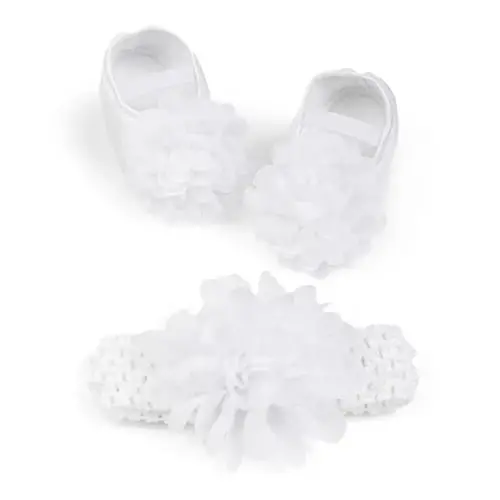 HsdsBebe 2pcs/Set Newborn Baby Girl Princess Mary Jane Shoes Toddler Infant Wedding Dress Flat Shoes with Free Headband - 1