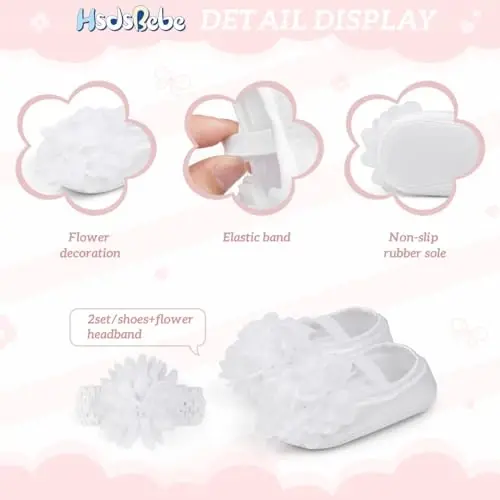 HsdsBebe 2pcs/Set Newborn Baby Girl Princess Mary Jane Shoes Toddler Infant Wedding Dress Flat Shoes with Free Headband - 6