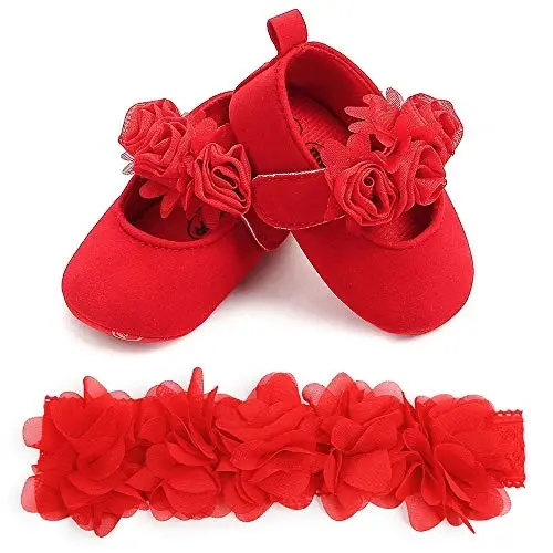HsdsBebe 2pcs/Set Newborn Baby Girl Princess Mary Jane Shoes Toddler Infant Wedding Dress Flat Shoes with Free Headband - 2
