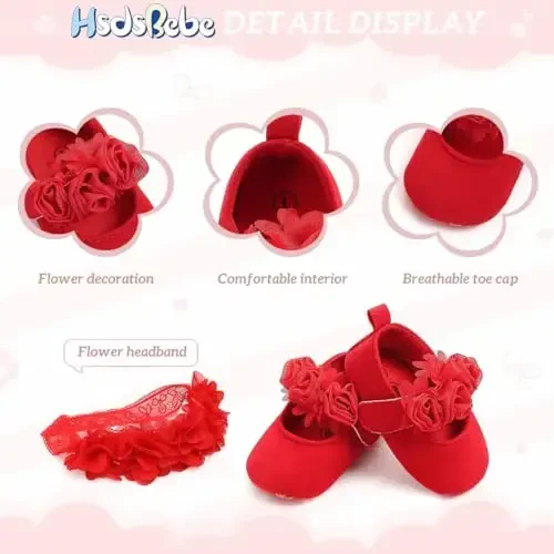 HsdsBebe 2pcs/Set Newborn Baby Girl Princess Mary Jane Shoes Toddler Infant Wedding Dress Flat Shoes with Free Headband - 4