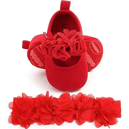 HsdsBebe 2pcs/Set Newborn Baby Girl Princess Mary Jane Shoes Toddler Infant Wedding Dress Flat Shoes with Free Headband - 3