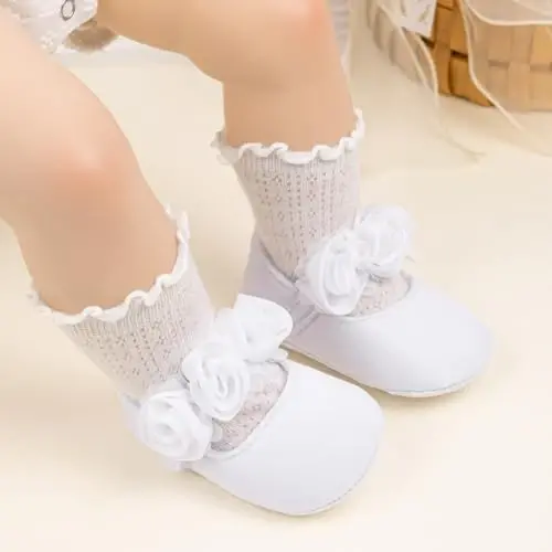 HsdsBebe 2pcs/Set Newborn Baby Girl Princess Mary Jane Shoes Toddler Infant Wedding Dress Flat Shoes with Free Headband - 2