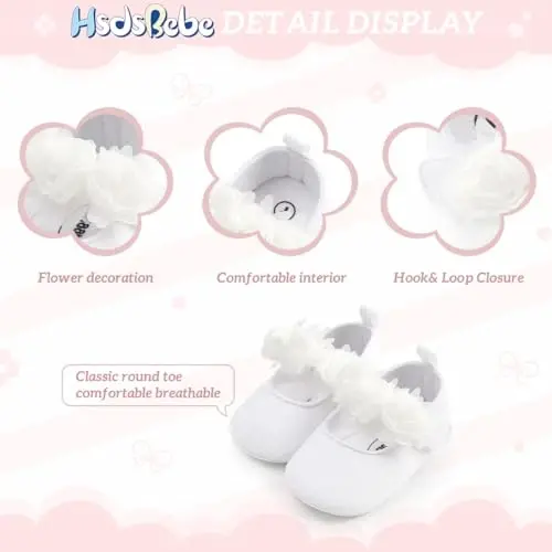 HsdsBebe 2pcs/Set Newborn Baby Girl Princess Mary Jane Shoes Toddler Infant Wedding Dress Flat Shoes with Free Headband - 5