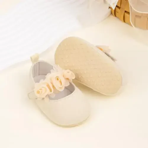HsdsBebe 2pcs/Set Newborn Baby Girl Princess Mary Jane Shoes Toddler Infant Wedding Dress Flat Shoes with Free Headband - 3
